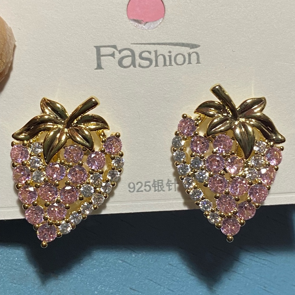 Charming Pink and Gold Strawberry Stud Earrings